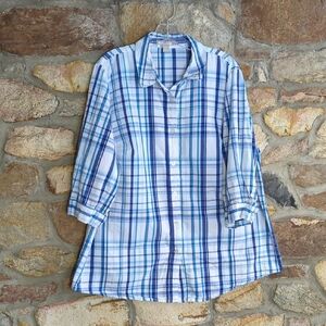 Woman Within Classic Blue And White Plaid Button Down Shirt